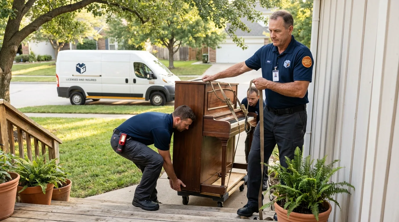 Licensed piano movers securing grand piano in Talent, OR