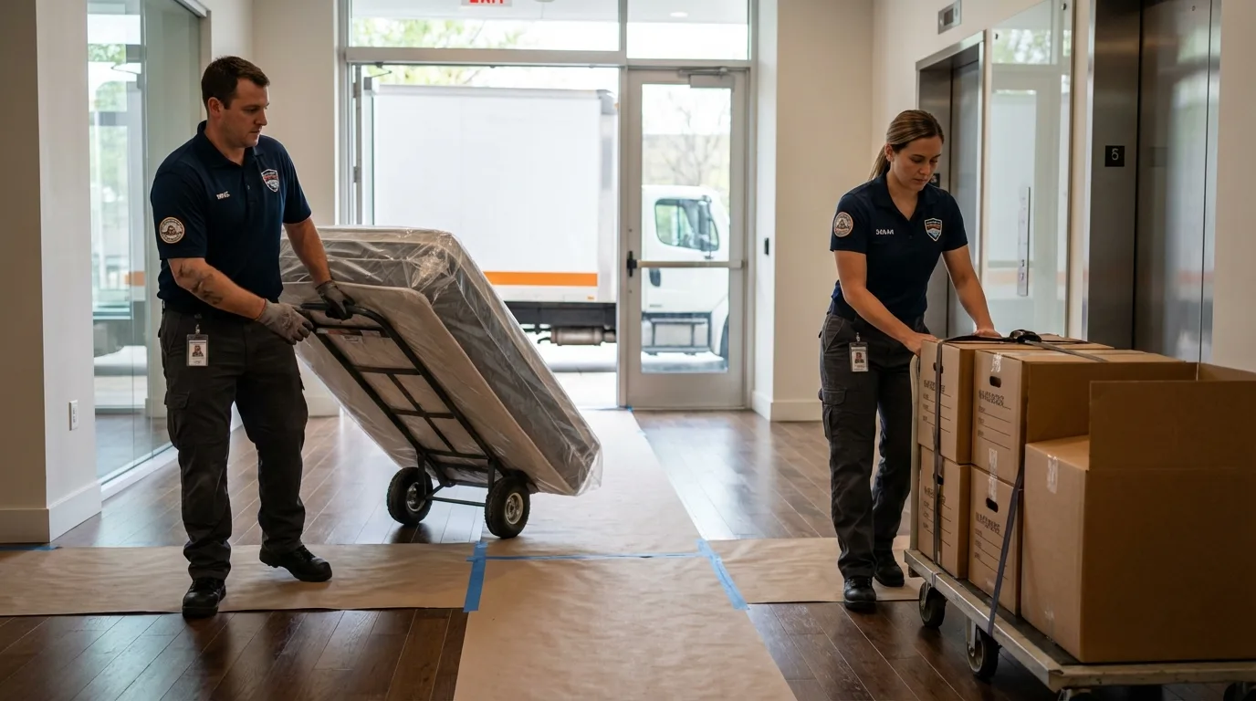 Professional apartment movers loading elevator in Talent, OR